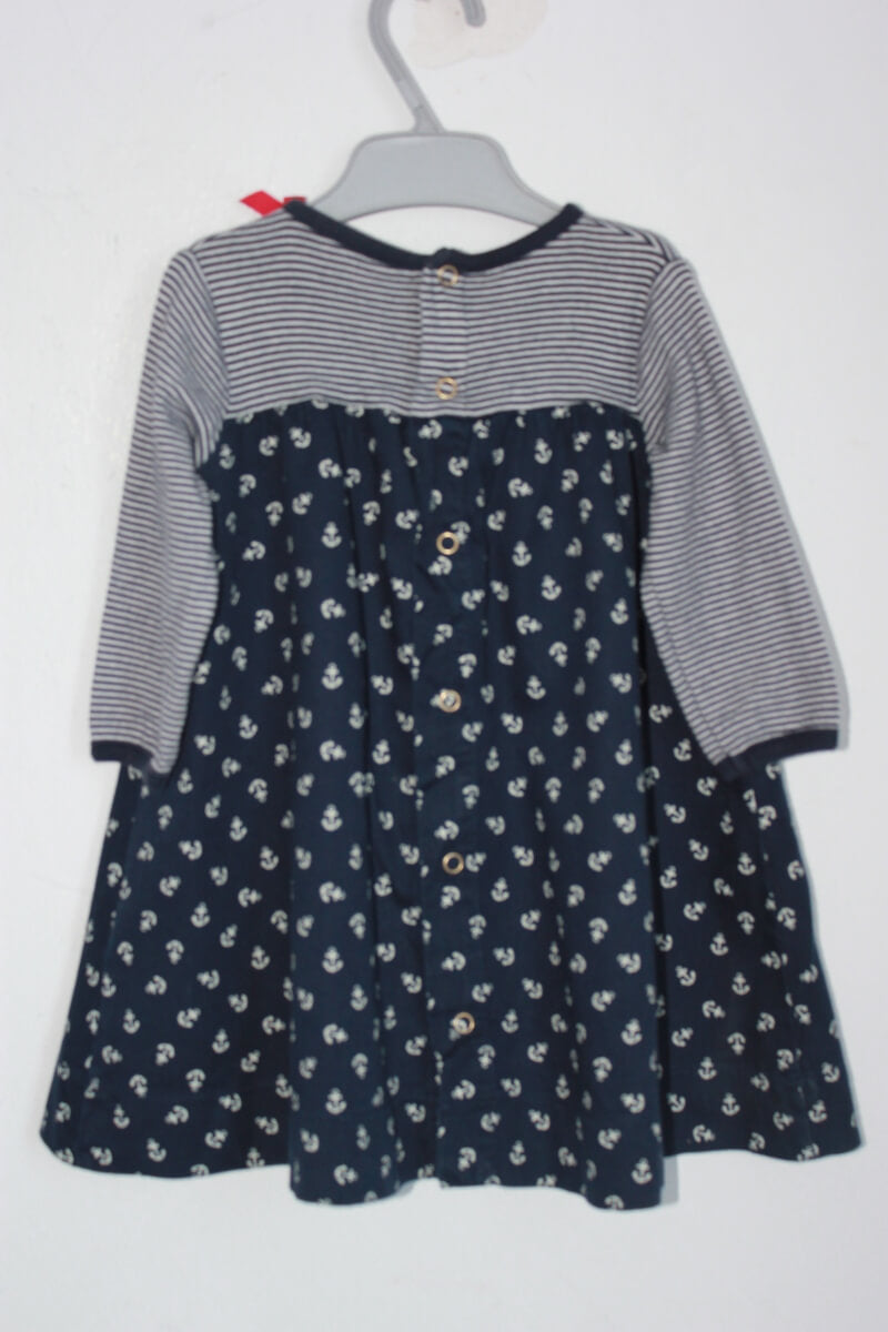 preloved katoenen donkerblauw met wit gestreepte jurk met lange mouwen en ankers van petit bateau in maat 74