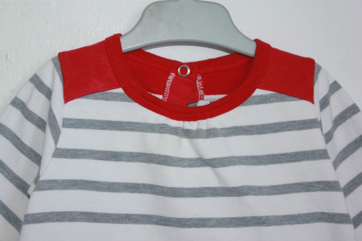 preloved katoenen grijze met ecru en rood gestreepte jurk met lange mouwen van petitbateau in maat 62