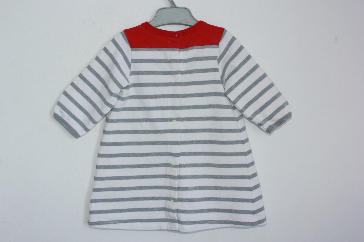 preloved katoenen grijze met ecru en rood gestreepte jurk met lange mouwen van petitbateau in maat 62