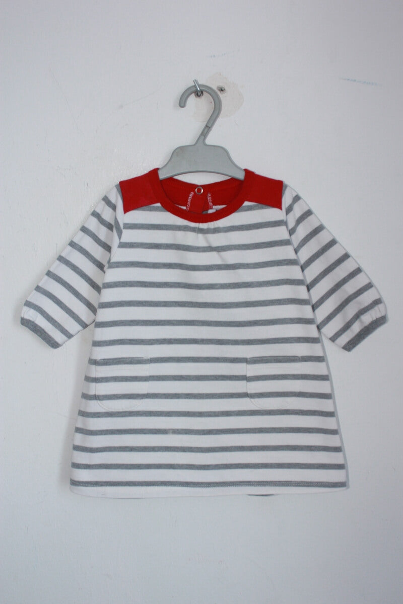 preloved katoenen grijze met ecru en rood gestreepte jurk met lange mouwen van petitbateau in maat 62