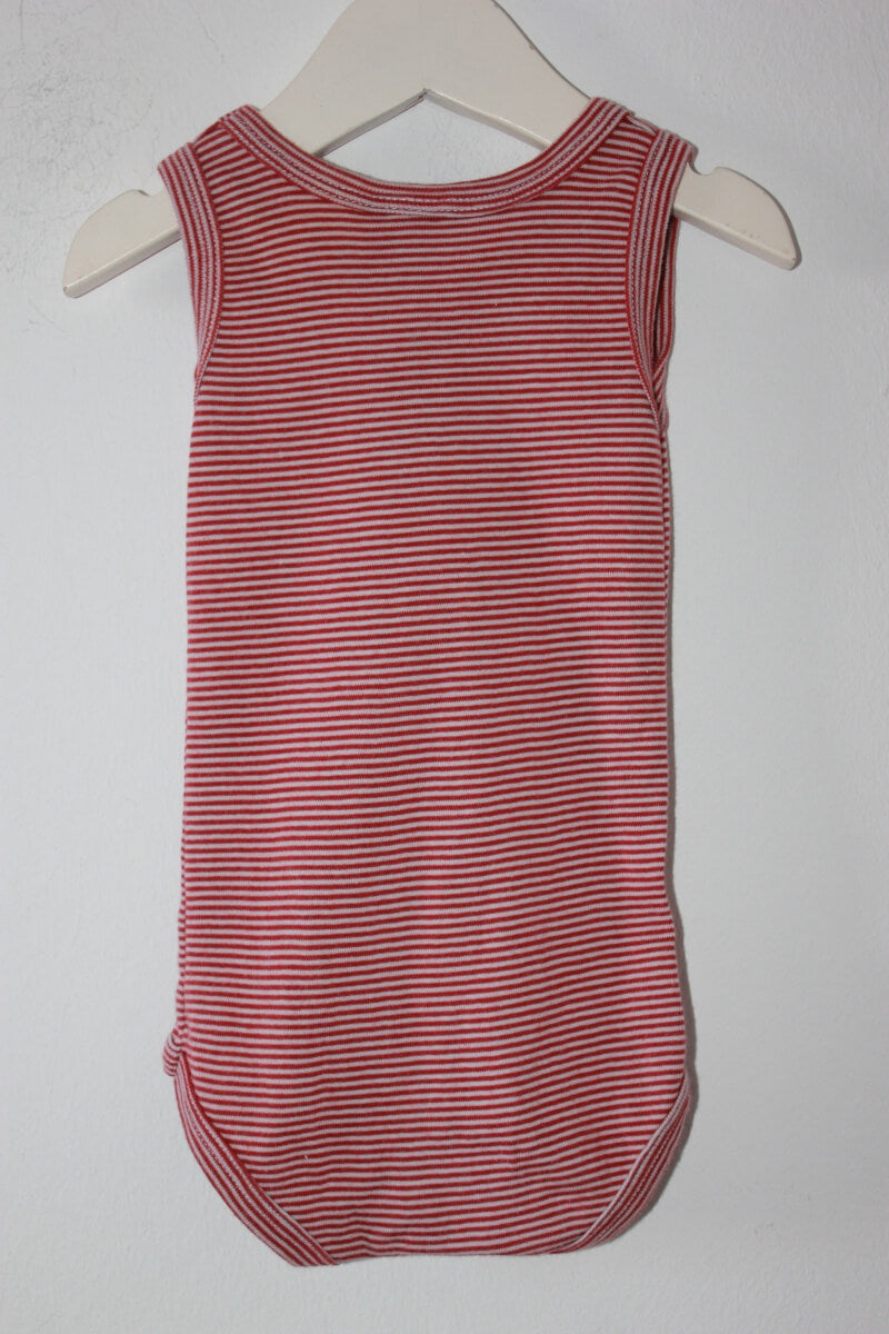 preloved unisex katoenen rood-ecru gestreepte mouwloze romper van petit bateau in maat 68