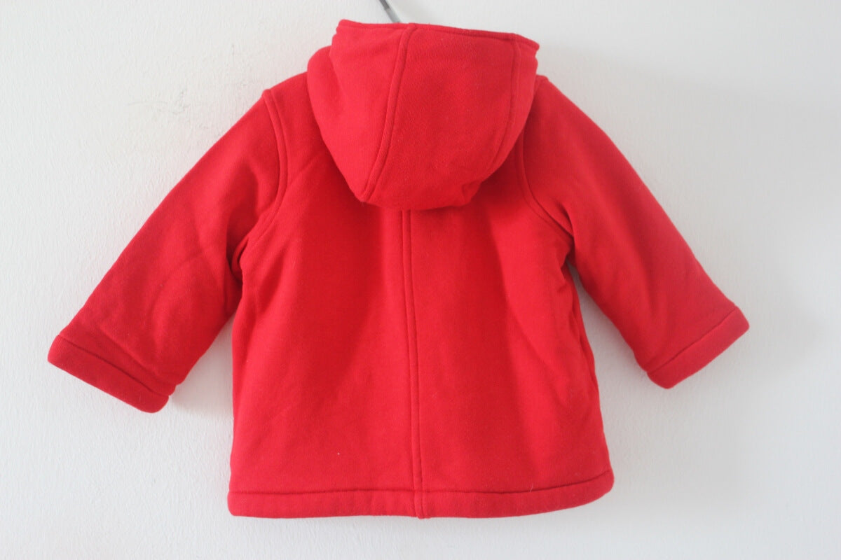 preloved unisex rode houtje-touwtje jas met capuchon en sherpa voering van petit bateau in maat 62