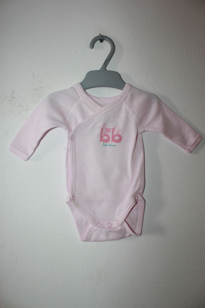 preloved katoenen roze met wit gestreepte overslagromper met lange mouwen in maat 50 van petit bateau