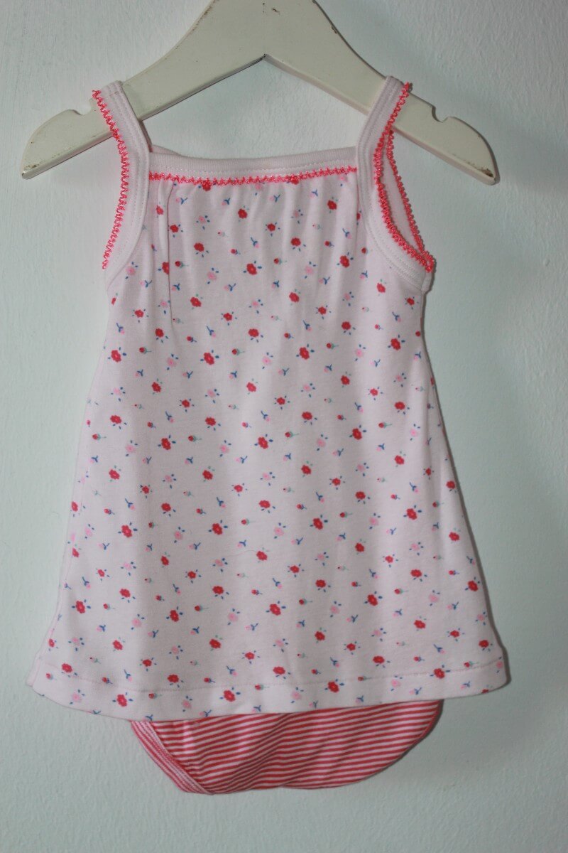 preloved katoenen zomerse mouwloze gebloemde jurk in multicolour met geintegreerde romper van petit bateau, maat 62