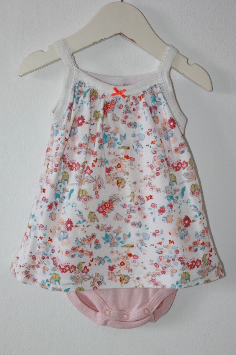preloved katoenen zomerse gebloemde jurk in multicolour met geintegreerde romper en schouderbandjes van petit bateau, maat 62