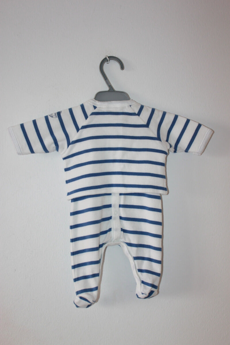 preloved katoenen blauw met wit gestreept setje van petit bateau in maat 46 voor een baby jongen