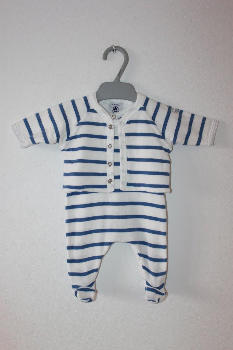 preloved katoenen blauw met wit gestreept setje van petit bateau in maat 46 voor een baby jongen