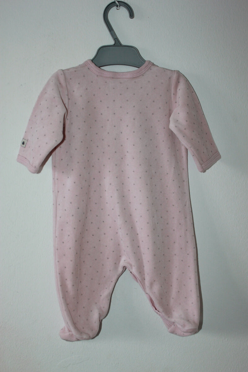 preloved lichtroze velours playsuit met grijze stipjes en lange mouwen van petit bateau in maat 56