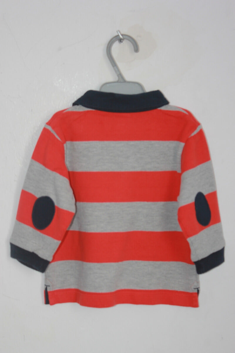 preloved katoenen rood met grijs en donkerblauw gestreept poloshirt met lange mouwen van petit bateau, maat 68 voor een baby jongen