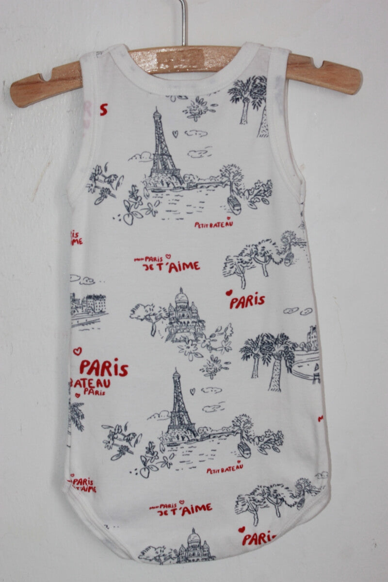 tweedehands unisex katoenen mouwloze romper in wit, grijs en rood, maat 74 van petit bateau