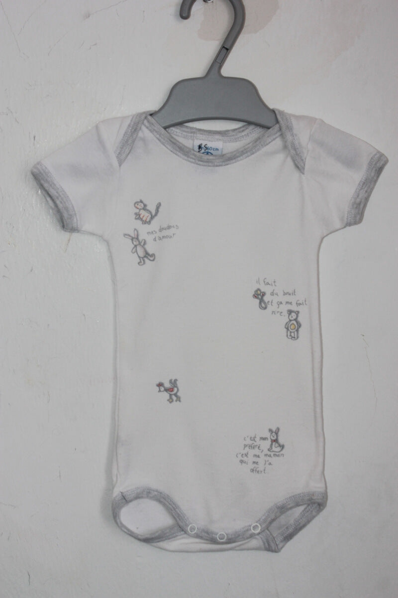 tweedehands unisex katoenen wit met grijze romper met korte mouwen in maat 62 van petit bateau