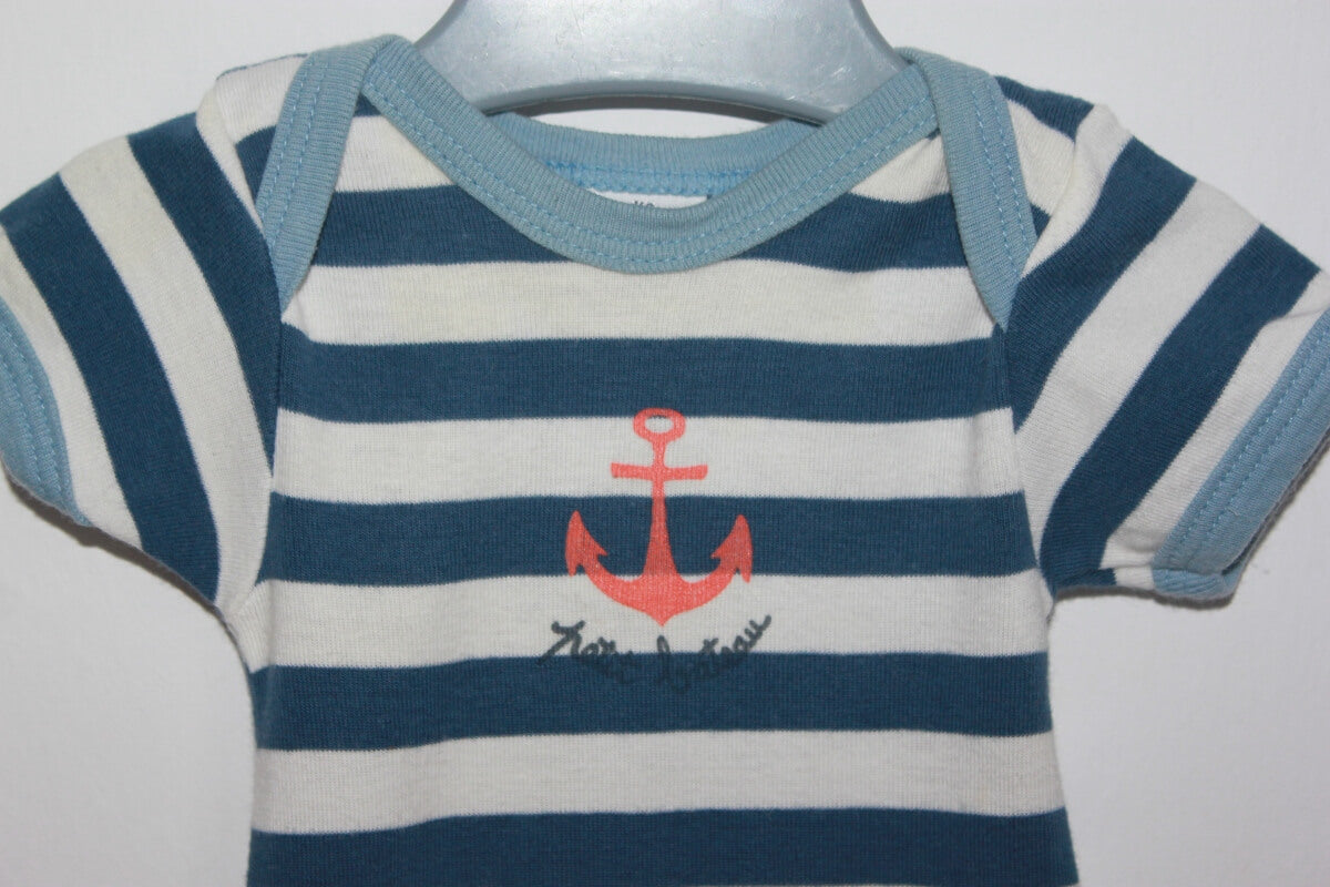tweedehands katoenen blauw-wit gestreepte romper met korte mouwen van petit bateau in maat 62 voor een baby jongen