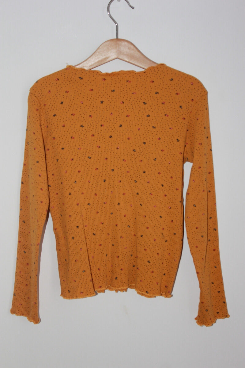 preloved mosterdgele gebloemde longsleeve met ronde hals van dpam in maat 128 voor een meisje