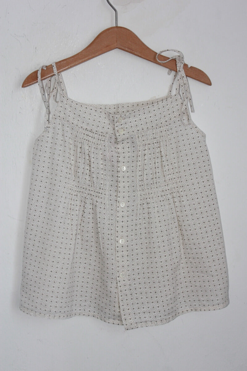tweedehands creme met taupe gesmokte zomerse blouse maat 110 bonpoint