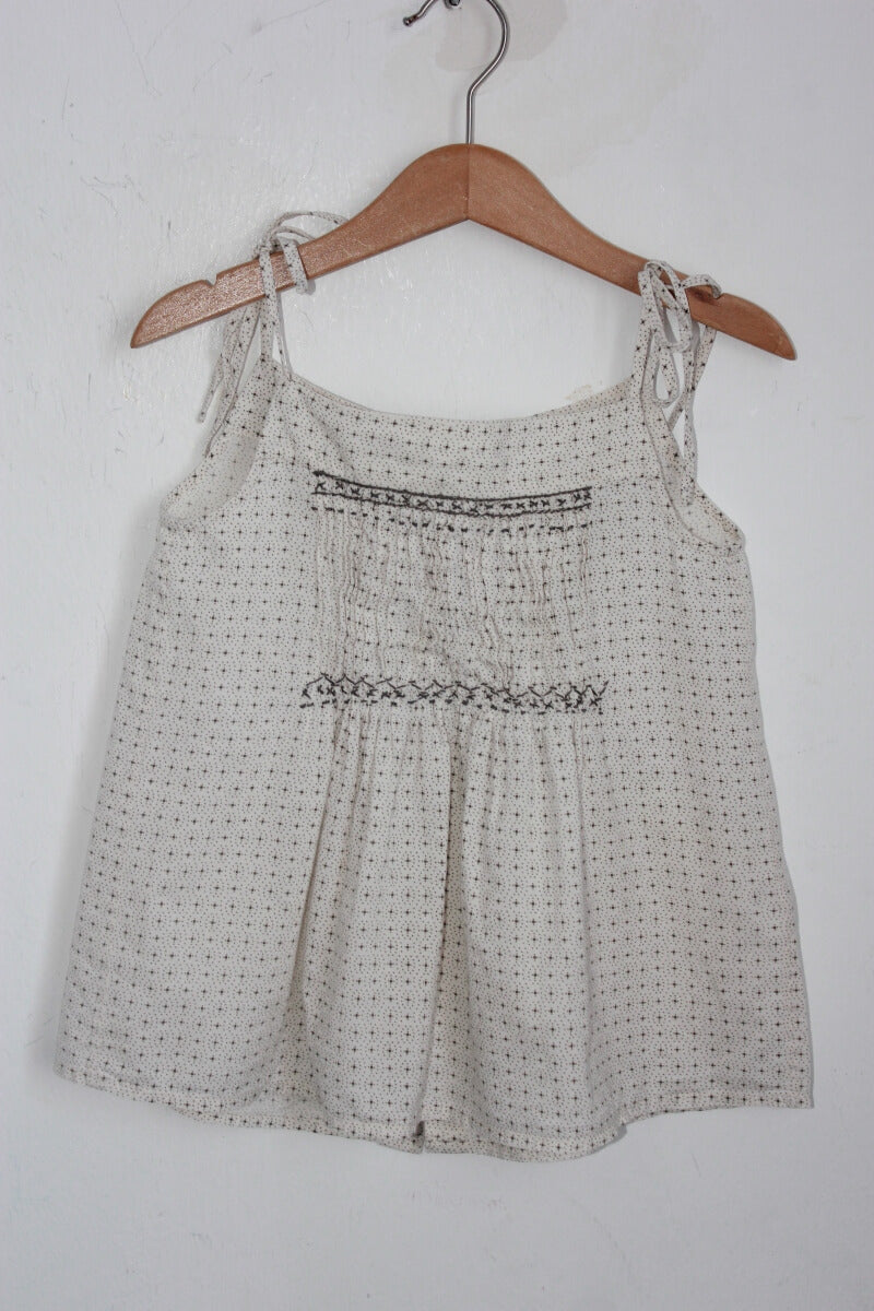 tweedehands creme met taupe gesmokte zomerse blouse maat 110 bonpoint
