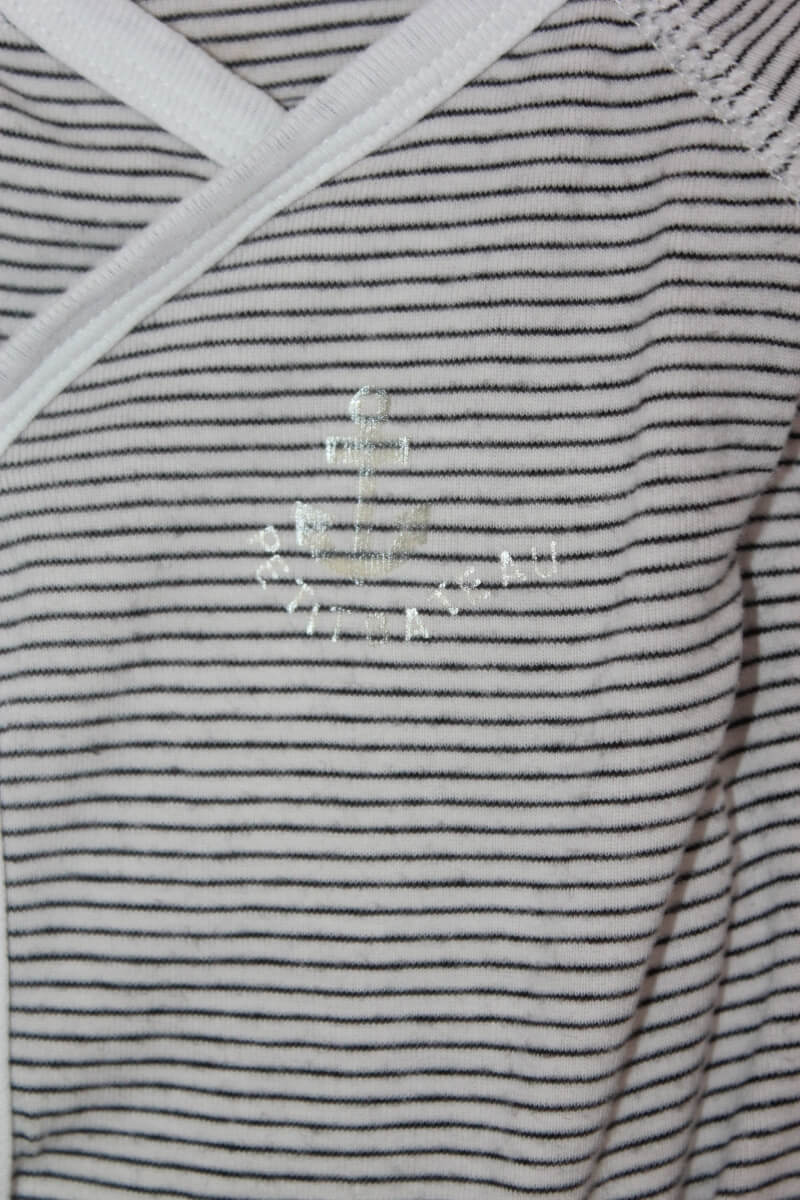 tweedehands grijs wit gestreepte overslagromper lange mouwen maat 50 petit bateau