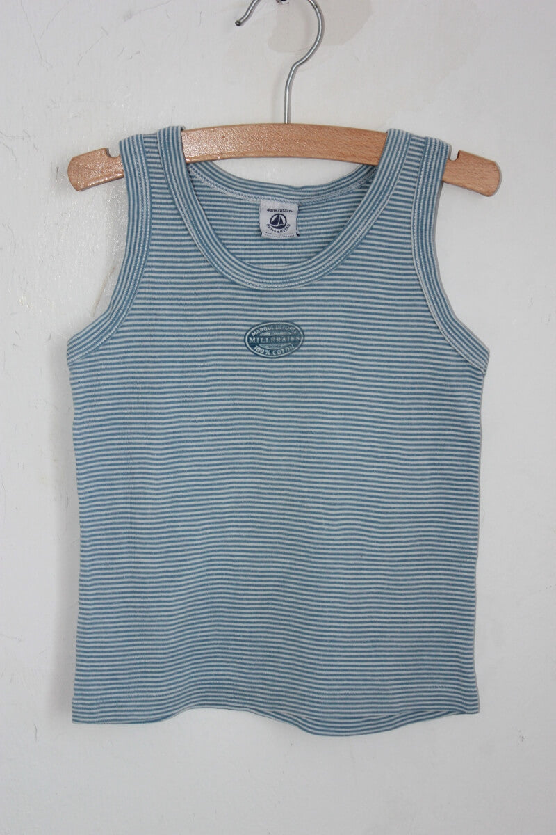 tweedehands blauw wit gestreept mouwloos shirtje maat 98 jongen petit bateau