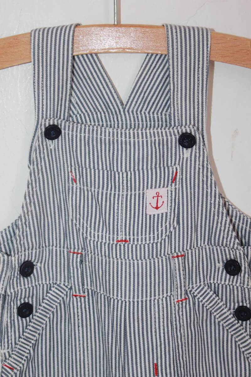 tweedehands donkerblauw wit gestreepte baby salopette babibou