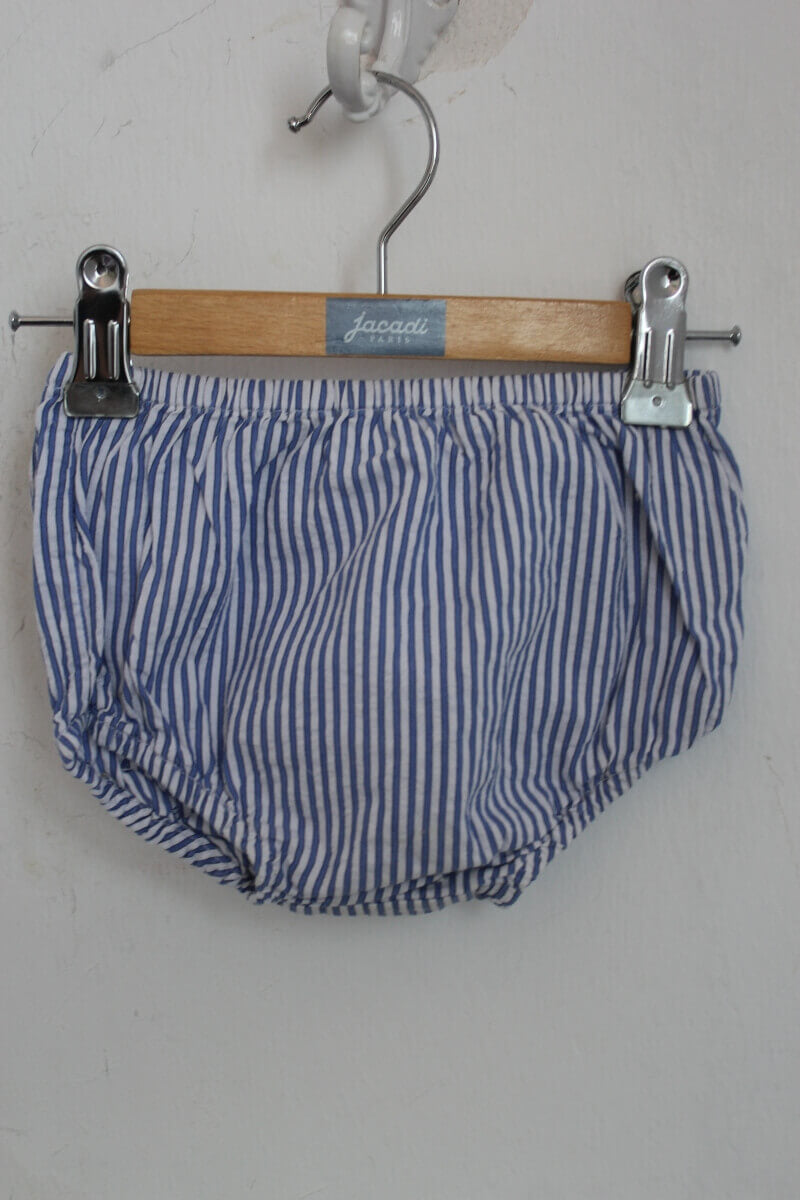 tweedehands blauw met wit gestreepte katoenen zomerse jurk met korte volantmouwen in maat 74 voor een baby meisje van jacadi