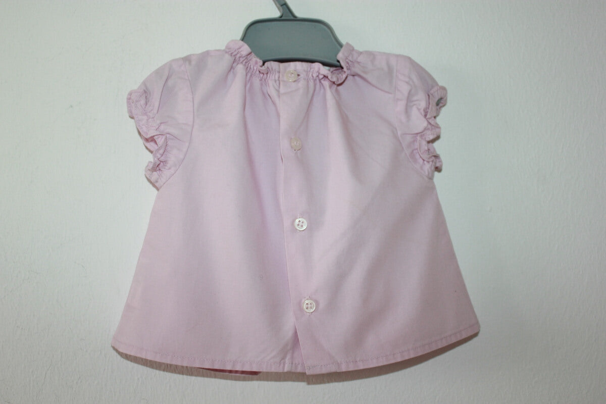 tweedehands roze gesmockte katoenen blouse met korte mouwen in maat 56 oor een baby meisje van jacadi