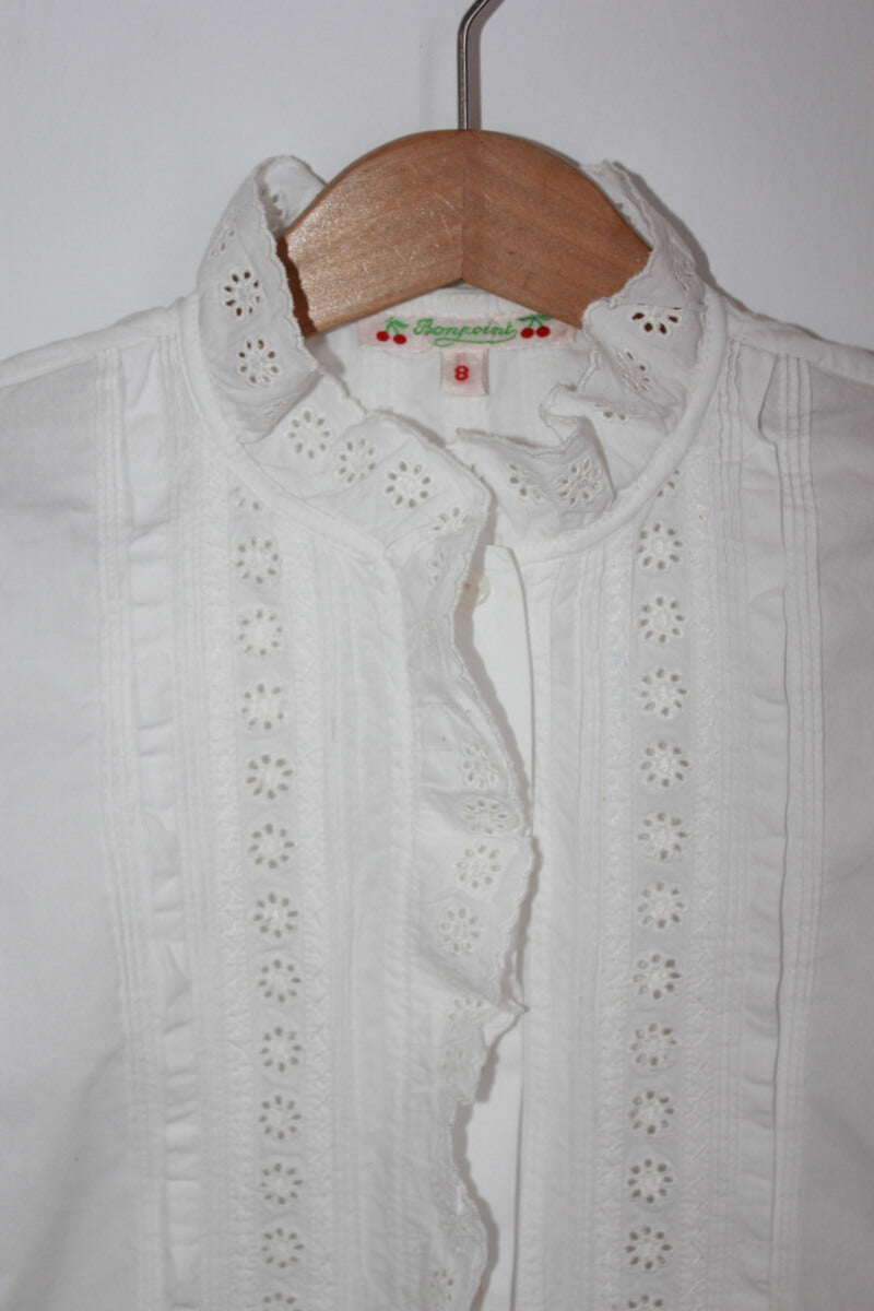 tweedehands ecru katoenen blouse met kant en lange mouwen van bonpoint in maat 122