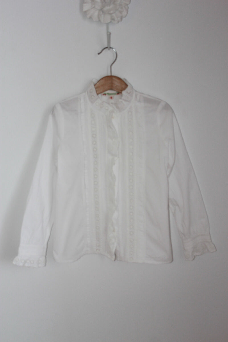 tweedehands ecru katoenen blouse met kant en lange mouwen van bonpoint in maat 122