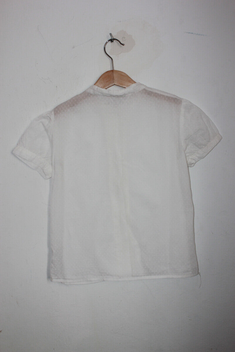 tweedehands katoenen creme blouse met korte mouwen en volants van bonpoint in maat 128