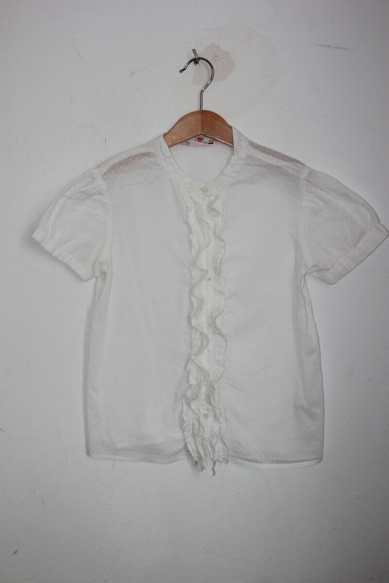 tweedehands katoenen creme blouse met korte mouwen en volants van bonpoint in maat 128