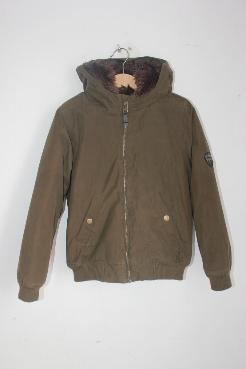 tweedehands unisex legergroene jas met capuchon van bonpoint in maat 122-128