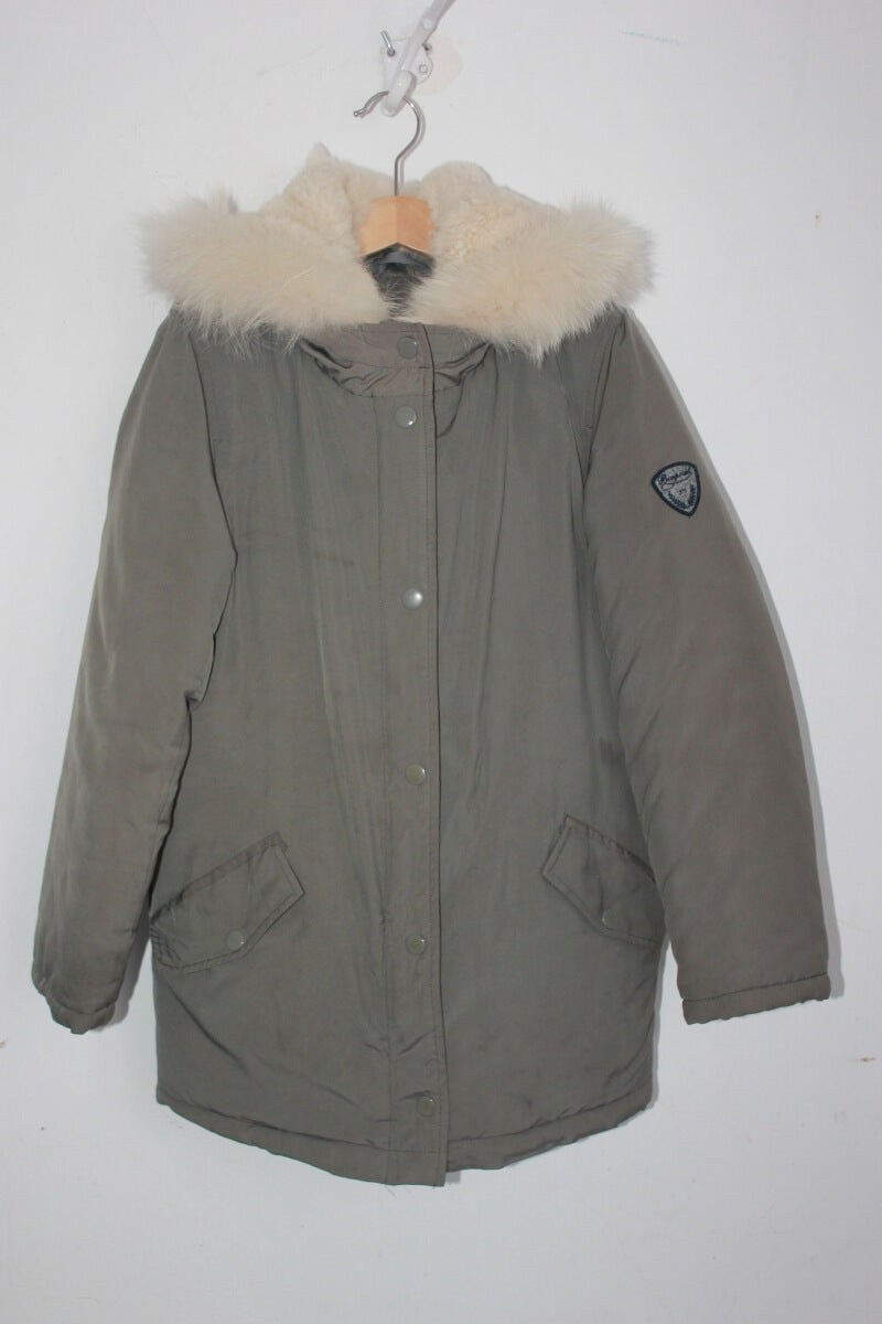 tweedehands unisex legergroene winterjas met capuchon en ecru bont van bonpoint in maat 134-140