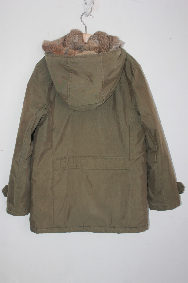 tweedehands unisex legergroene winterjas met bont van bonpoint in maat 152