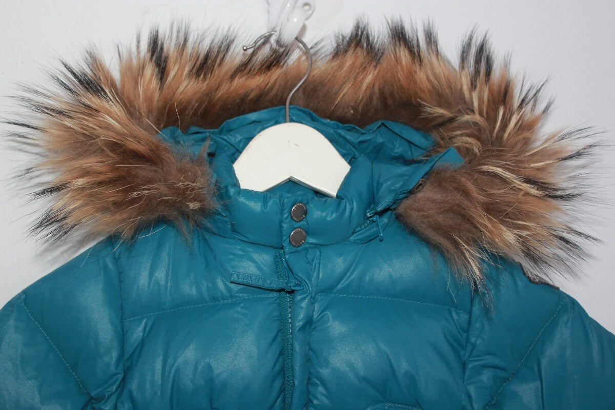 petrol blauwe unisex jas met capuchon met bontrand in maat 62-68 van Bonpoint