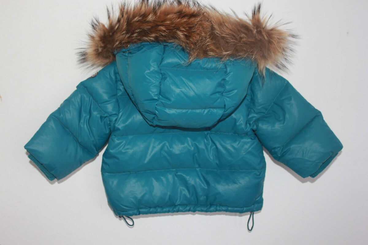 petrol blauwe unisex jas met capuchon met bontrand in maat 62-68 van Bonpoint