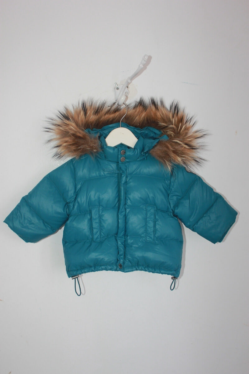 petrol blauwe unisex jas met capuchon met bontrand in maat 62-68 van Bonpoint