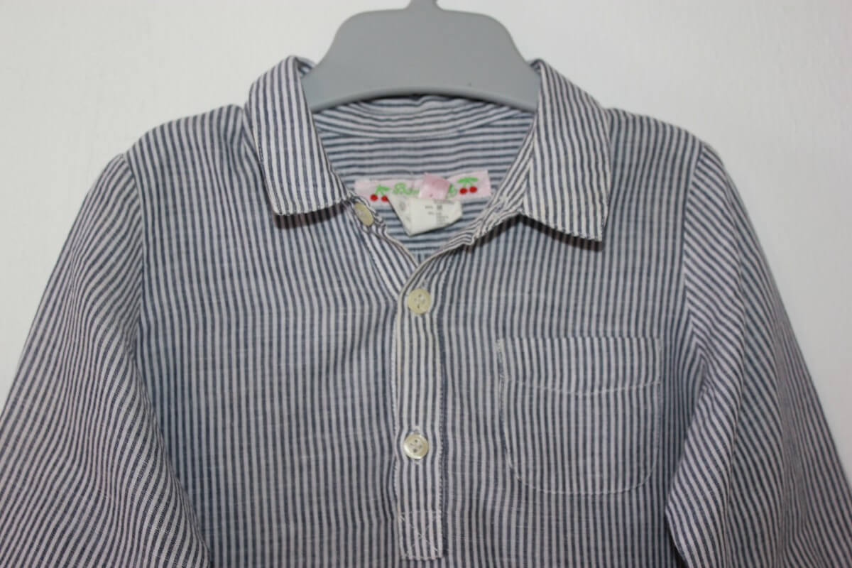 tweedehands zomers donkerblauw met wit gestreept overhemd met lange mouwen in maat 74 van bonpoint