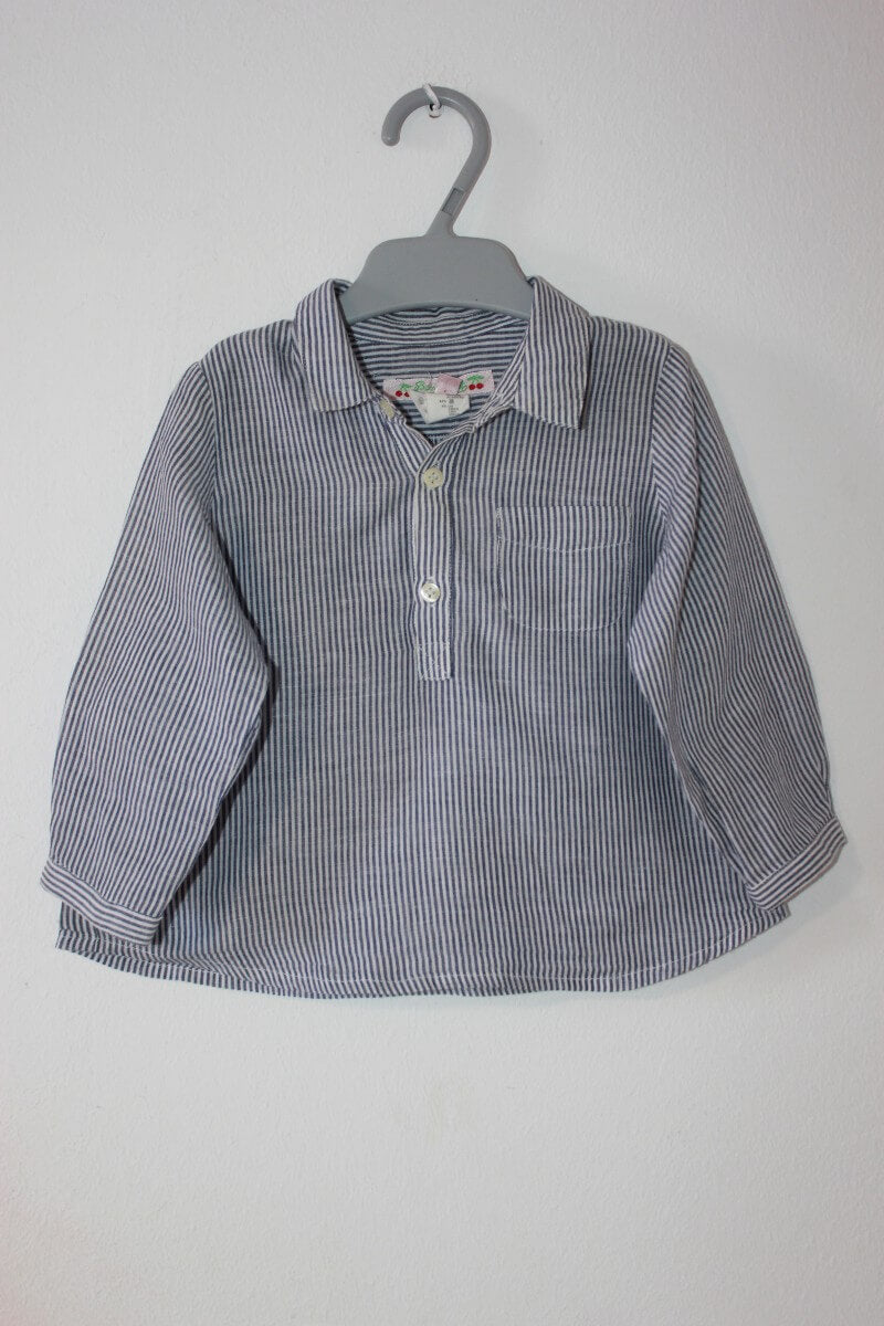tweedehands zomers donkerblauw met wit gestreept overhemd met lange mouwen in maat 74 van bonpoint