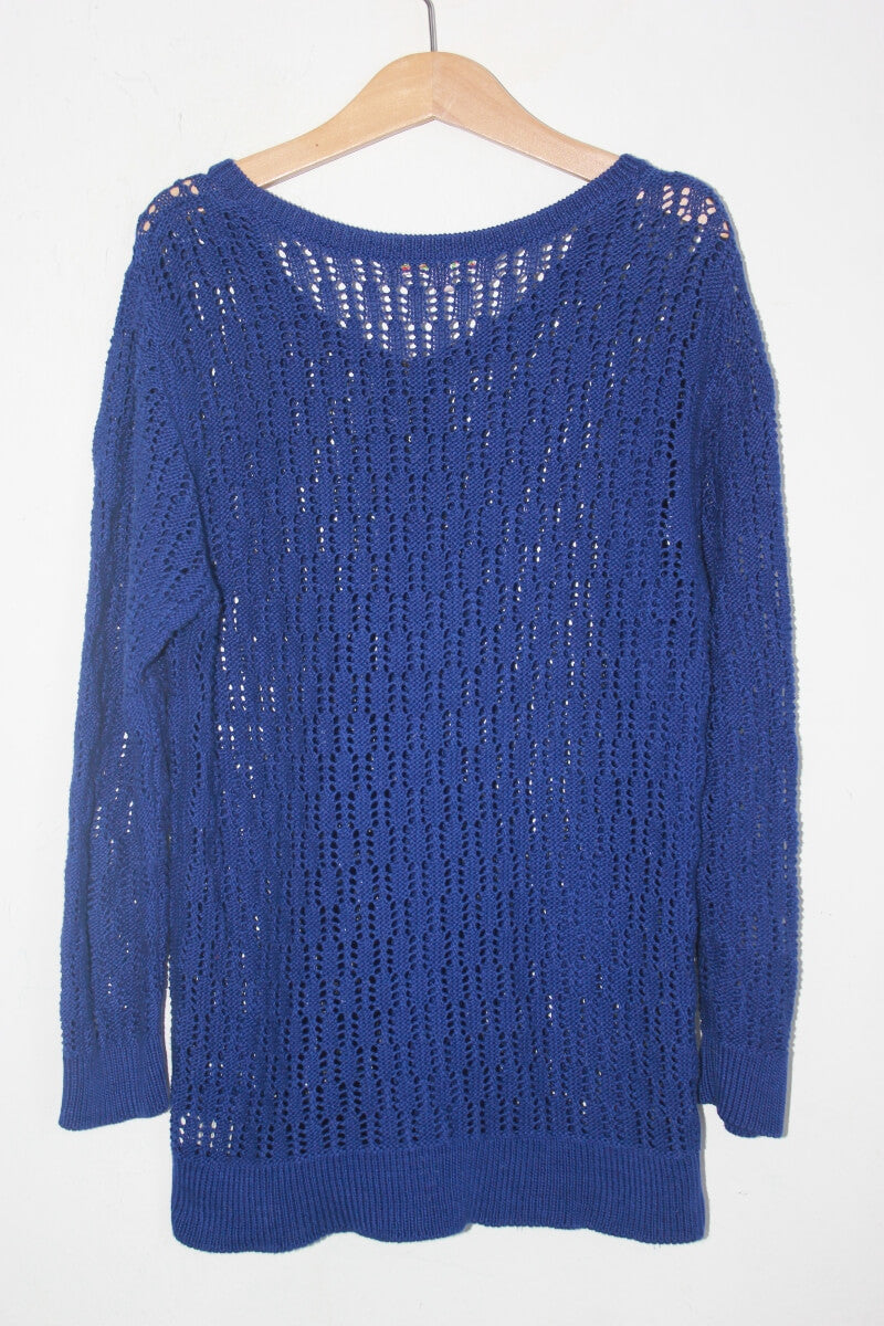 tweedehands katoenen donkerblauw ajour vest van bonpoint in maat 152