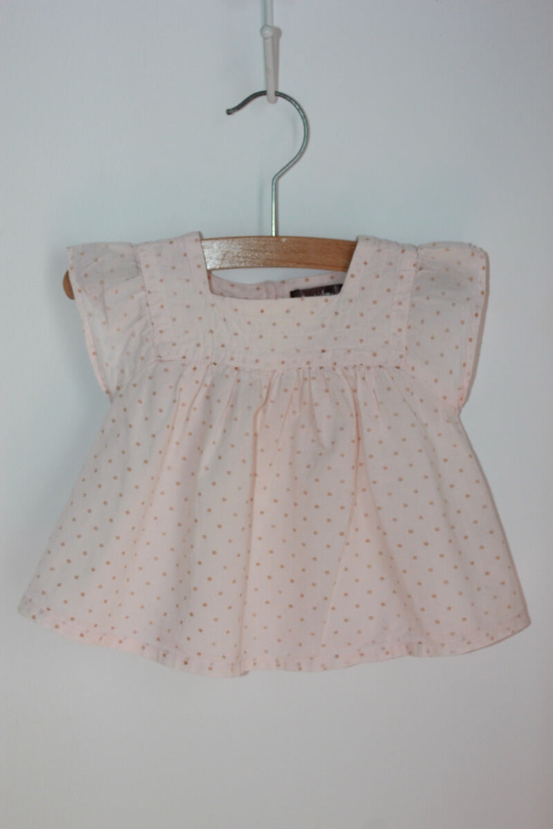 preloved katoenen zomerse roze blouse met stipjes en korte mouwen in maat 62 van boutchou