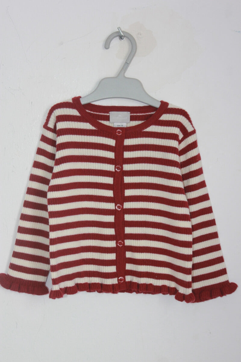 tweedehands bordeaux en wit gestreept vest in maat 74 voor een baby meisje van cyrillus