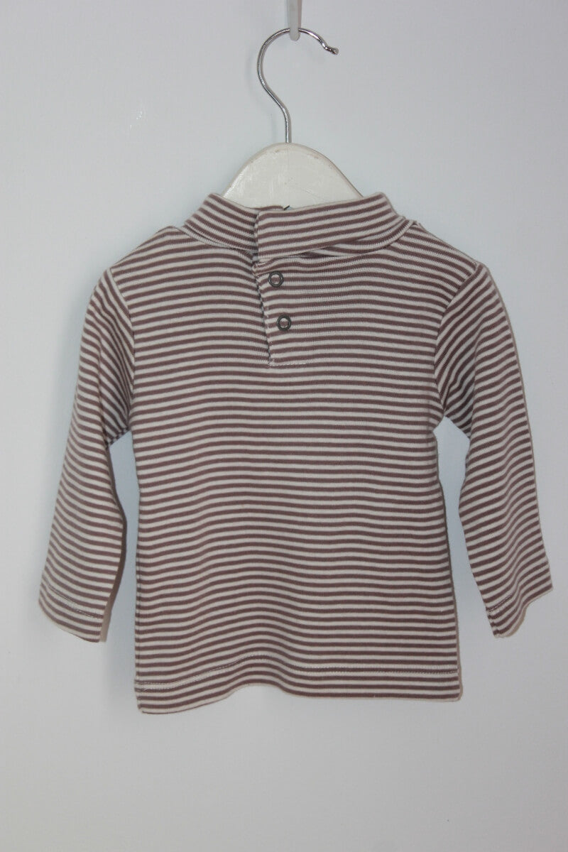 tweedehands unisex katoenen beige met creme gestreepte longsleeve met col in maat 68