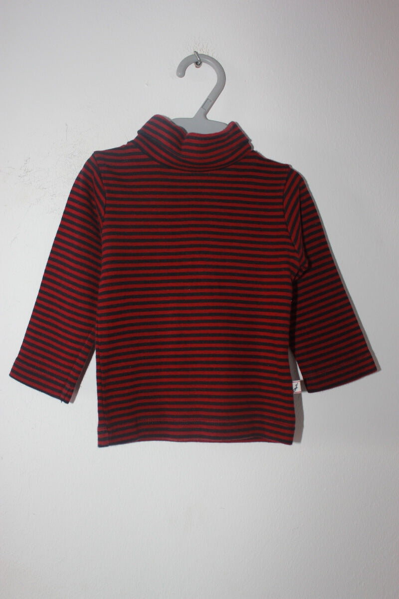 tweedehands unisex katoenen donkerblauw met rood gestreepte longsleeve of coltrui in maat 68 voor een baby van jacadi