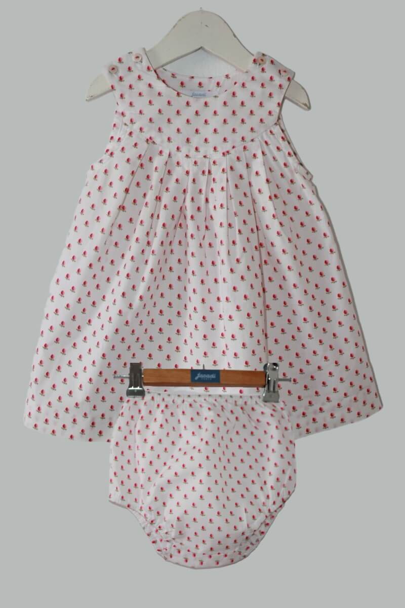 tweedehands witte zomerse mouwloze jurk met roze tulpen en bloomer maat 74 voor een baby meisje van jacadi