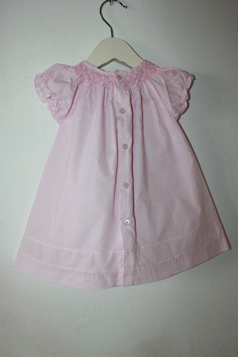tweedehands katoenen zomerse gesmockte witte jurk met roze stipjes-bloomer en korte mouwen in maat 62 van jacadi