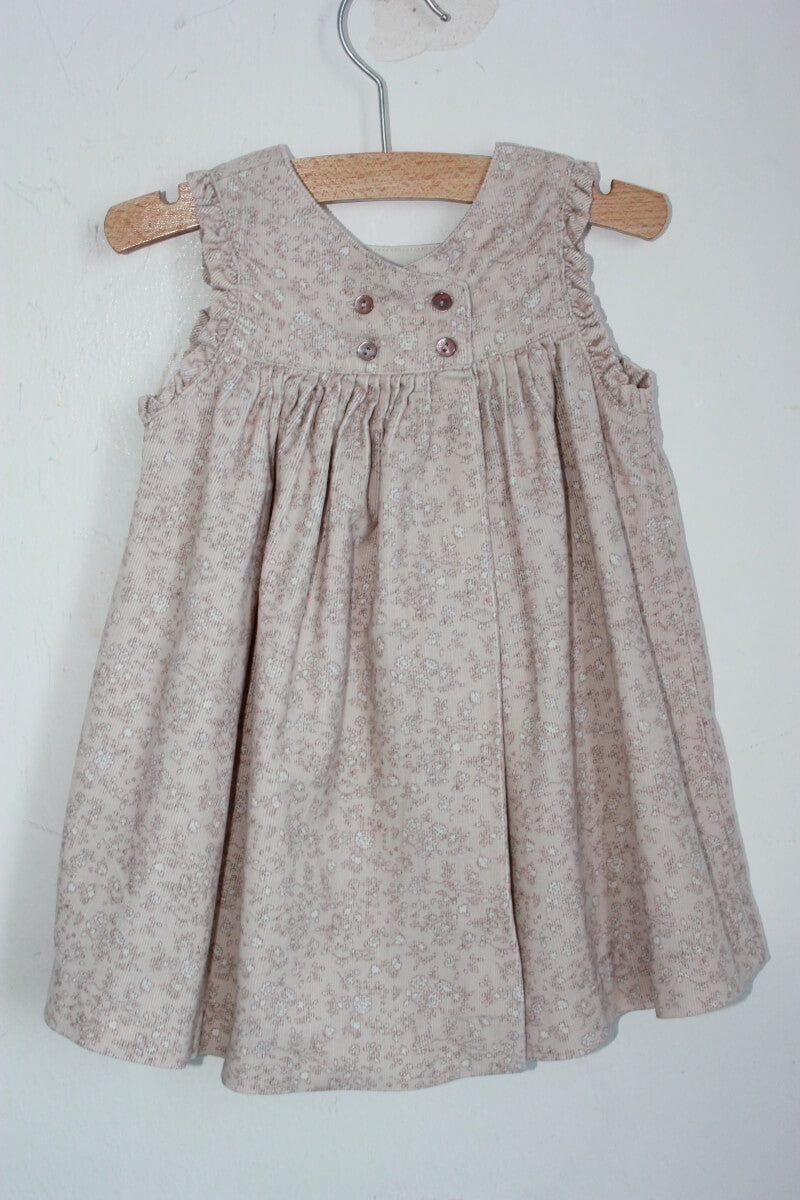 tweedehands katoenen mouwloze ribfluwelen beige gebloemde jurk in maat 74 voor een baby meisje van jacadi
