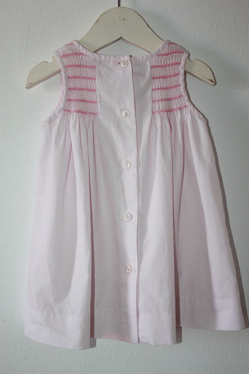 tweedehands katoenen zomerse mouwloze gesmokte roze jurk met bloomer in maat 62 voor een baby meisje van jacadi