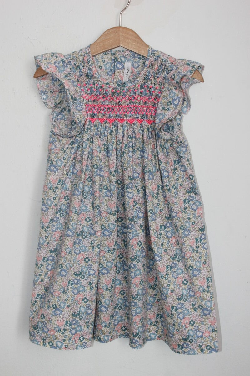 tweedehands katoenen zomerse gesmokte liberty jurk met korte volantmouwen in multicolour, maat 104 van laingo