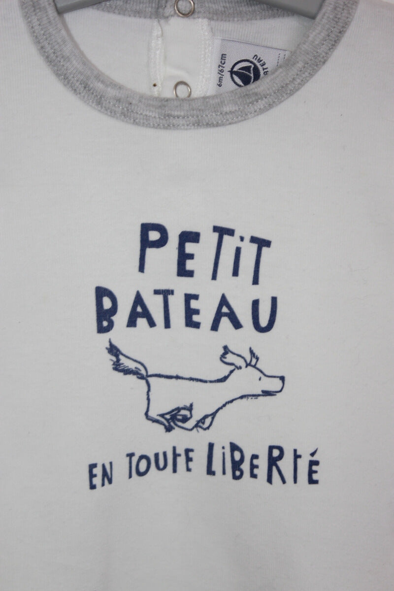 tweedehands unisex katoenen witte longsleeve met blauw en grijs in maat 68 van Petit Bateau