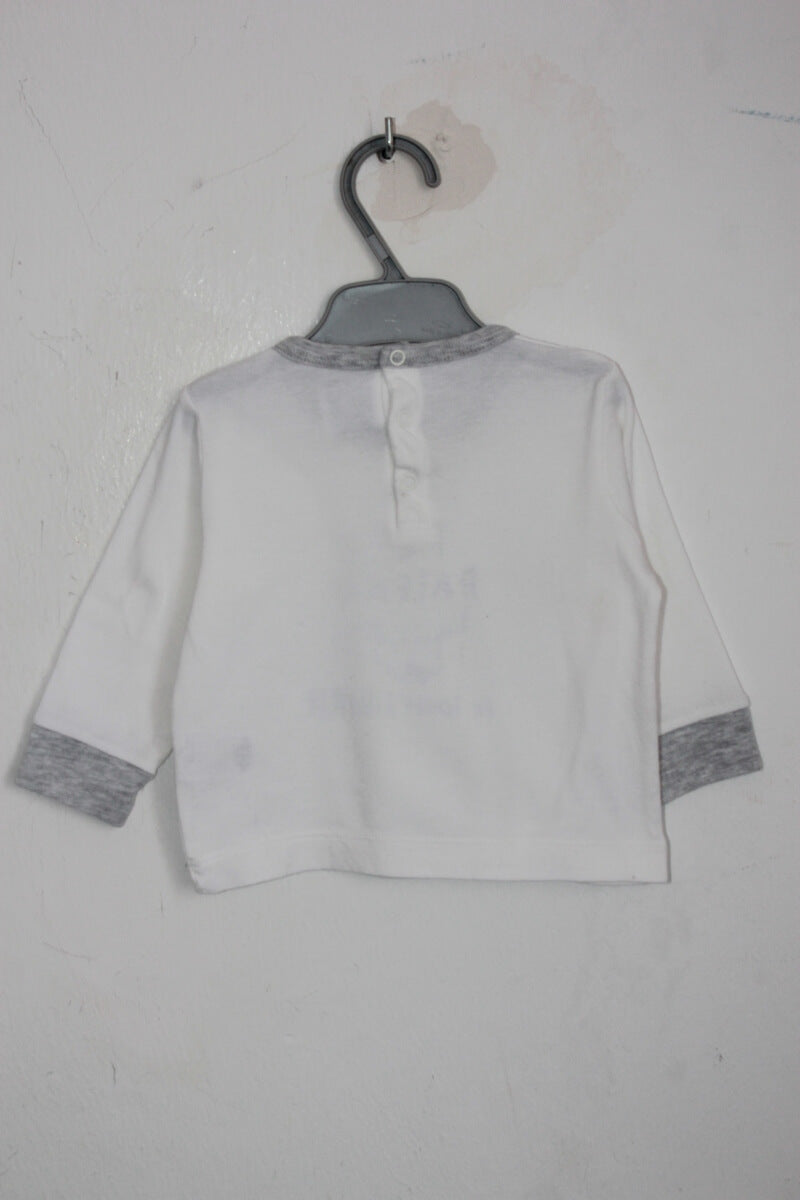 tweedehands unisex katoenen witte longsleeve met blauw en grijs in maat 68 van Petit Bateau