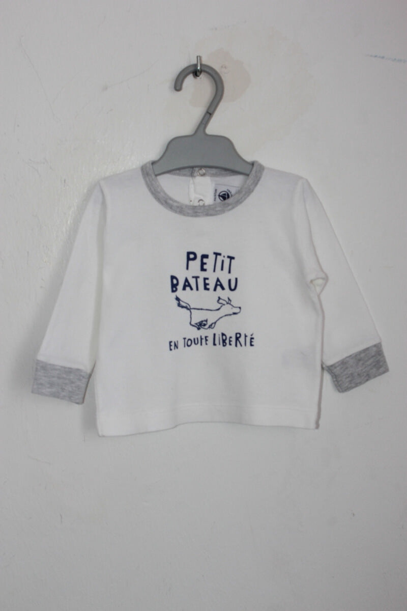 tweedehands unisex katoenen witte longsleeve met blauw en grijs in maat 68 van Petit Bateau