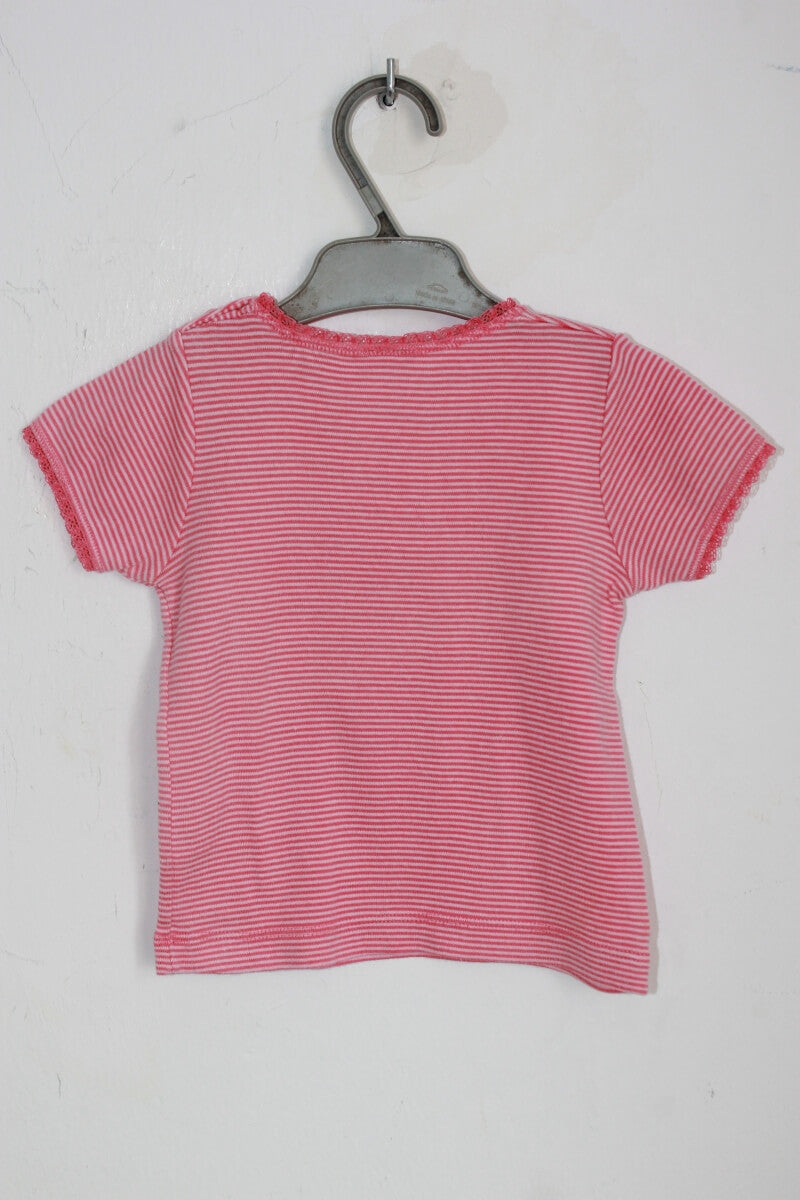 tweedehands katoenen roze en wit gestreept t-shirt met korte mouwen in maat 80 van petit bateau